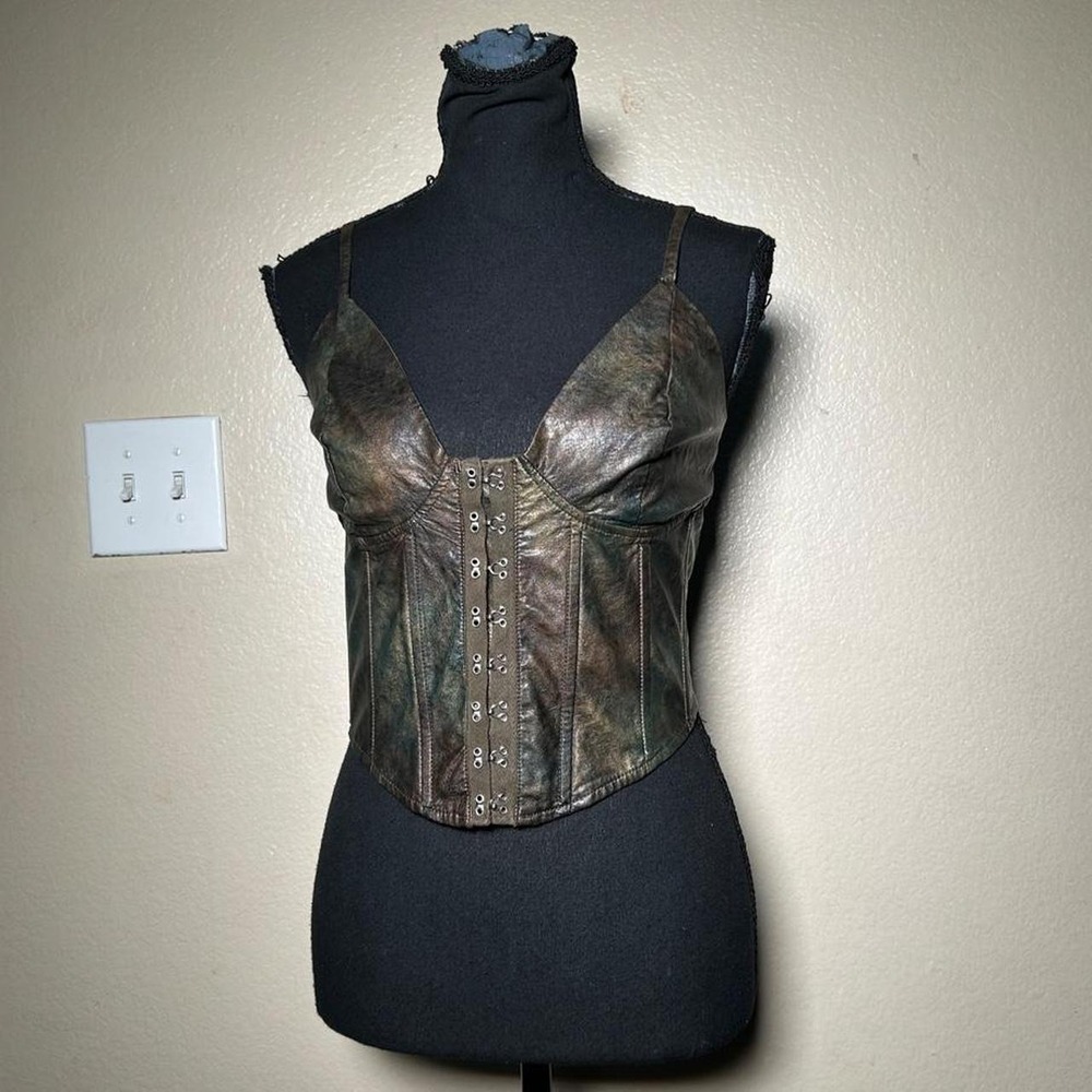 Fashion Nova Brown Faux Leather Corset Bustier Top Metallic Moto Grunge Y2K S